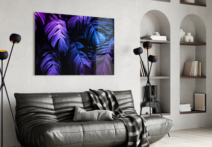 Neon Blue Violet Monstera Glass Wall Art