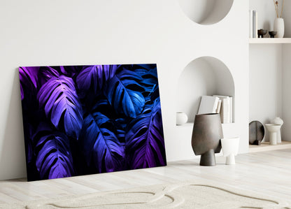 Neon Blue Violet Monstera Glass Wall Art
