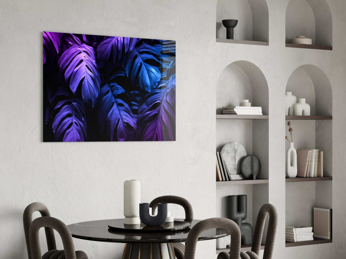 Neon Blue Violet Monstera Glass Wall Art