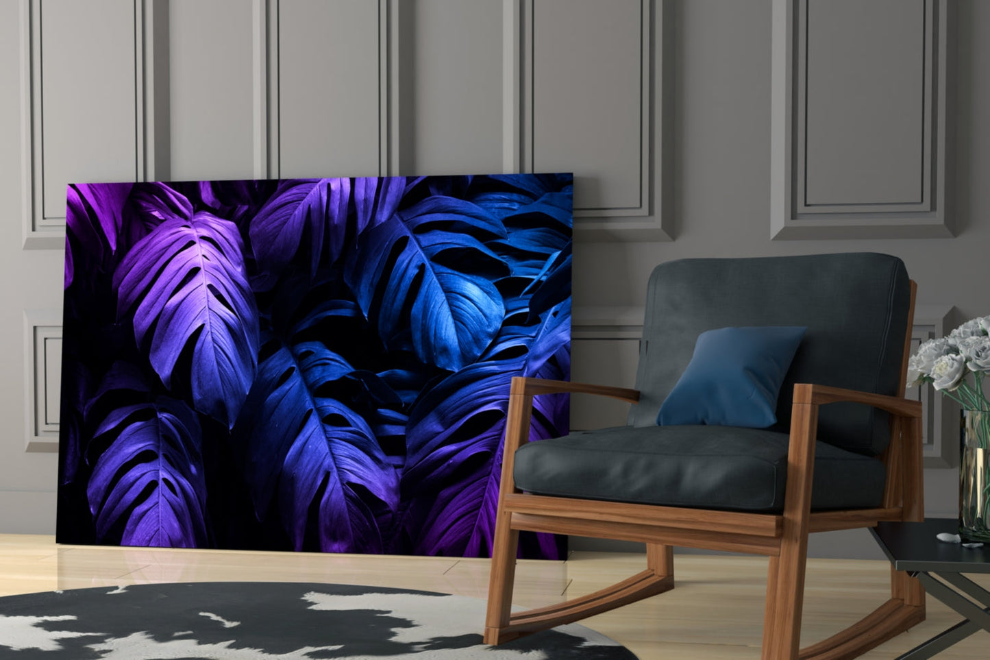 Neon Blue Violet Monstera Glass Wall Art