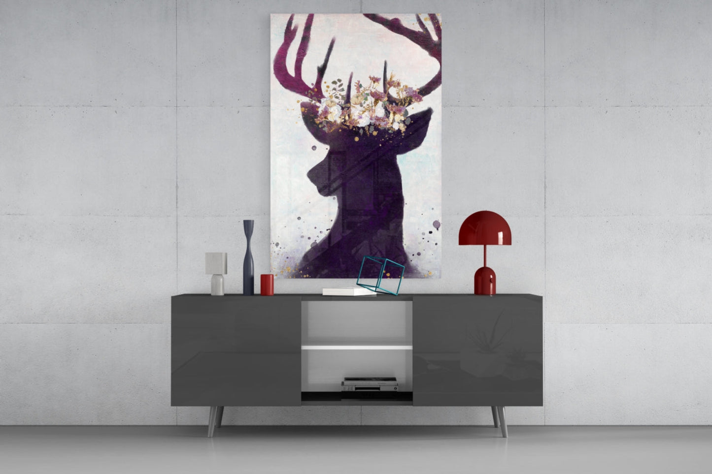 Purple Deer Floral Crown Glass Wall Art