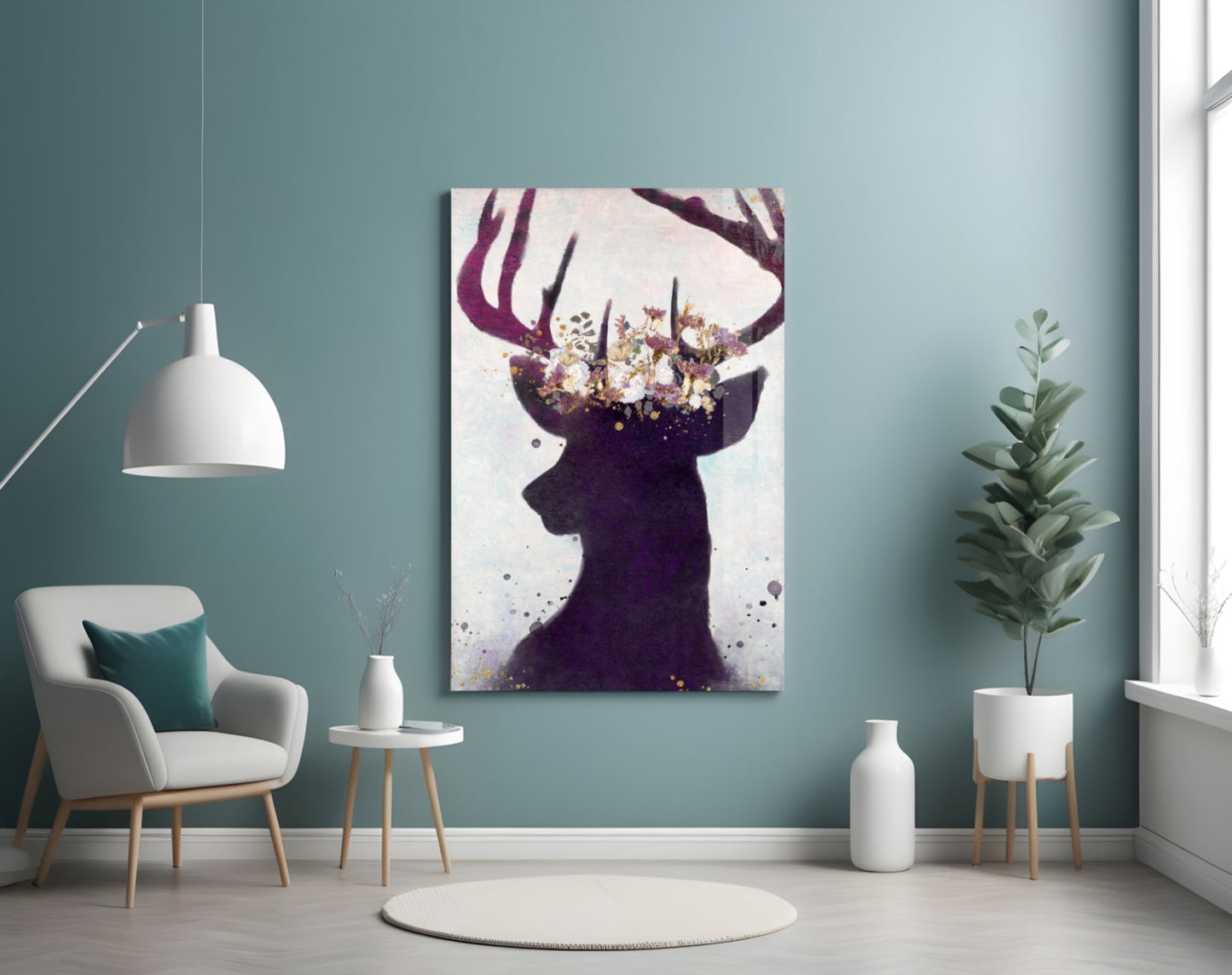 Purple Deer Floral Crown Glass Wall Art