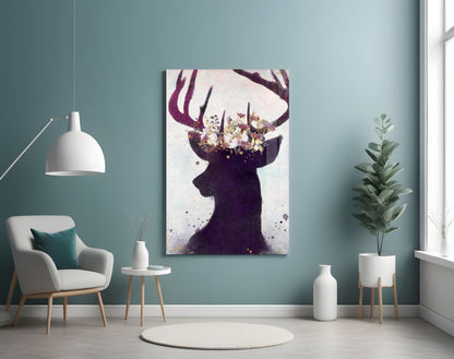 Purple Deer Floral Crown Glass Wall Art