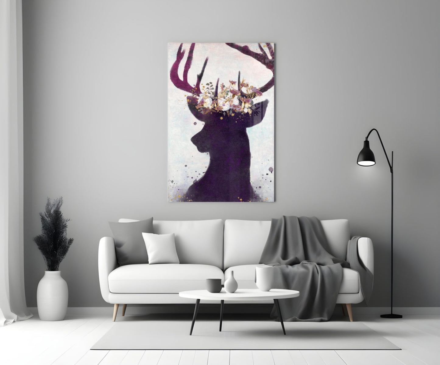 Purple Deer Floral Crown Glass Wall Art