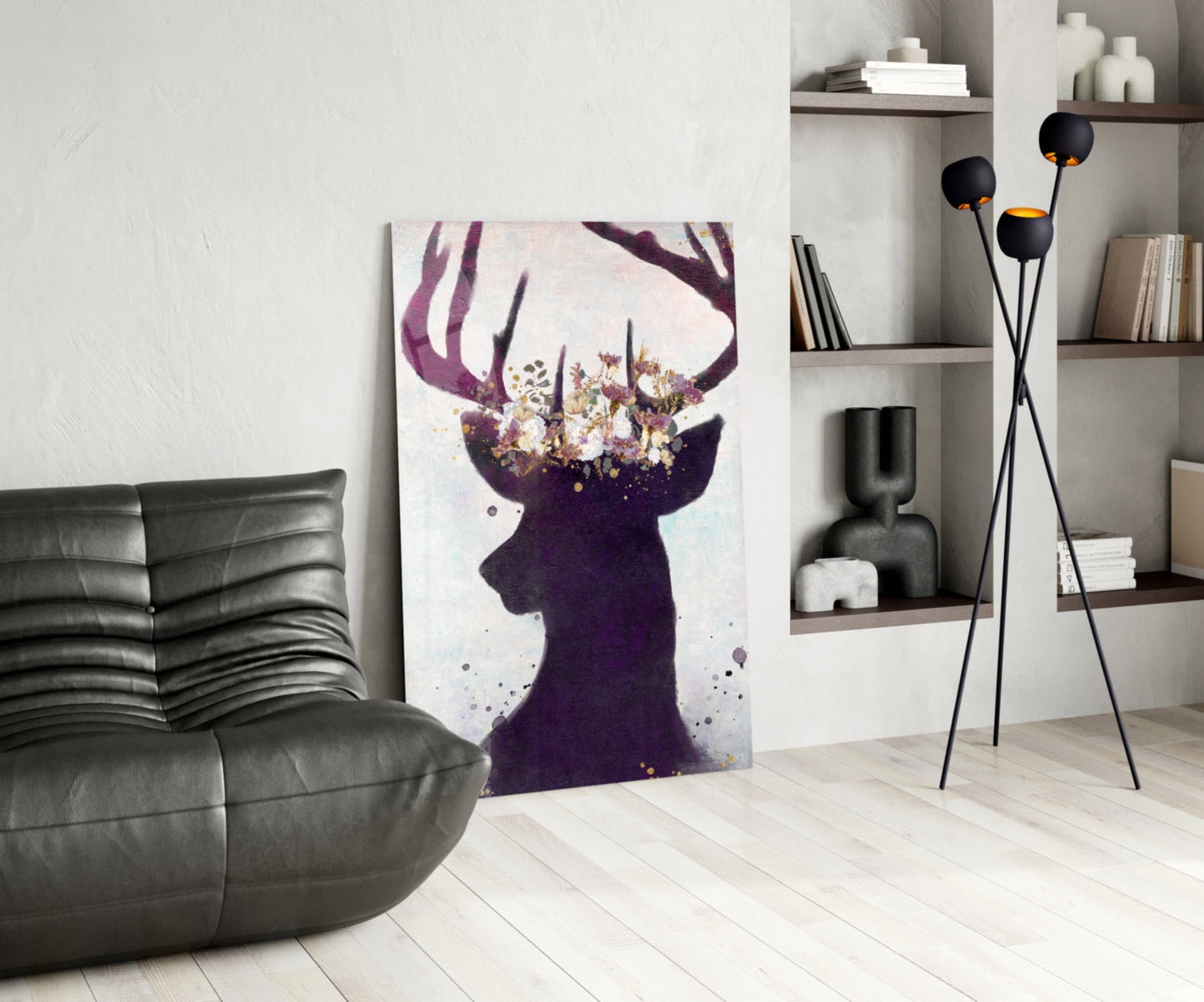 Purple Deer Floral Crown Glass Wall Art