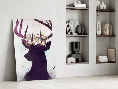 Purple Deer Floral Crown Glass Wall Art