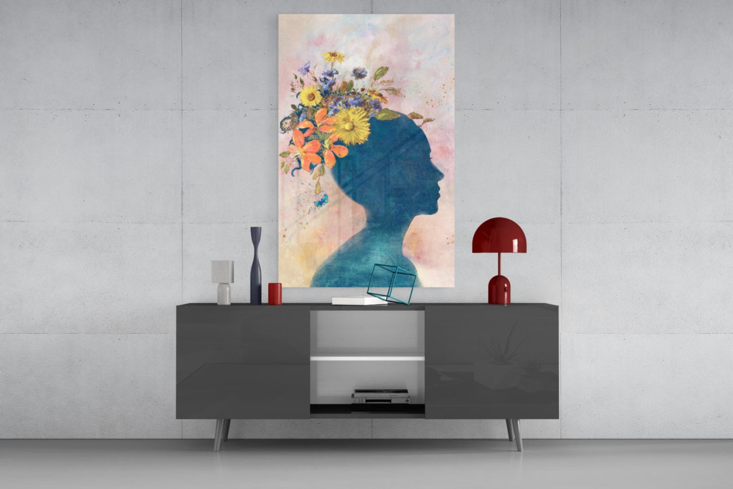Floral Head Blue Silhouette Glass Wall Art