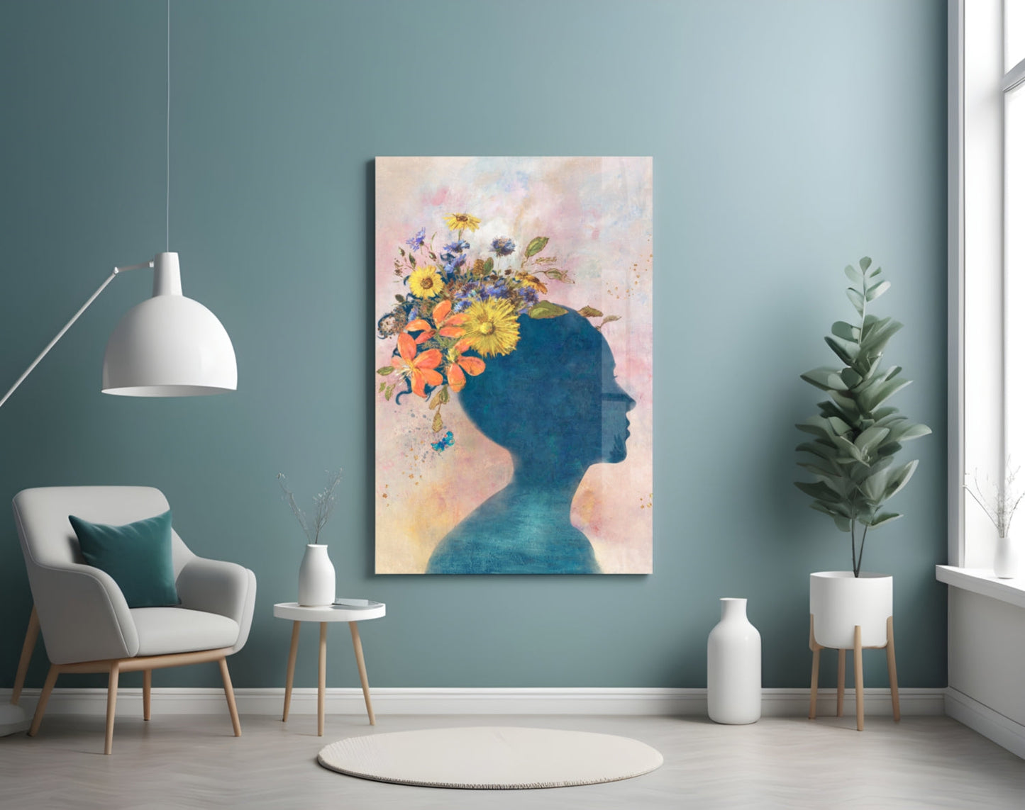 Floral Head Blue Silhouette Glass Wall Art
