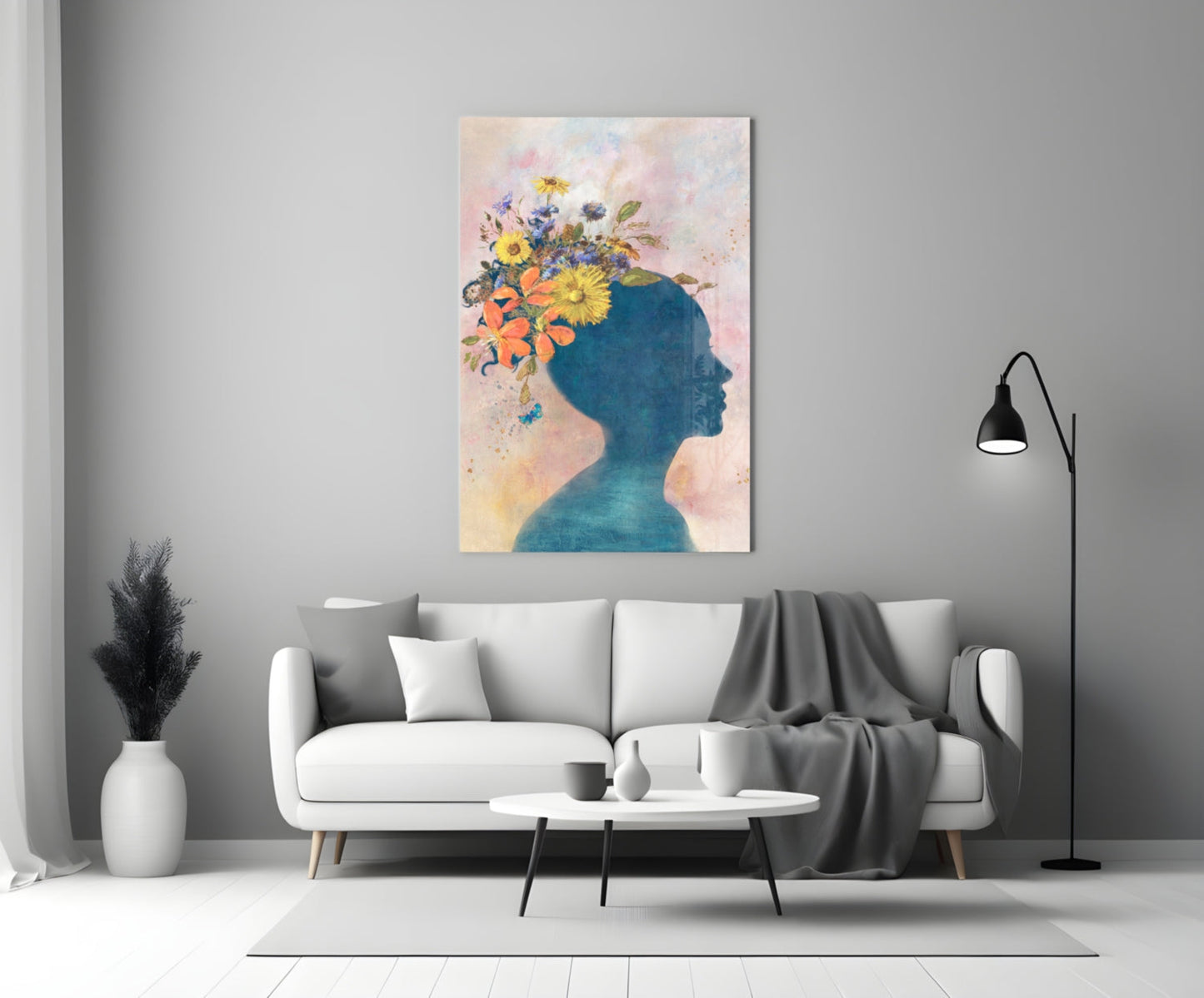 Floral Head Blue Silhouette Glass Wall Art