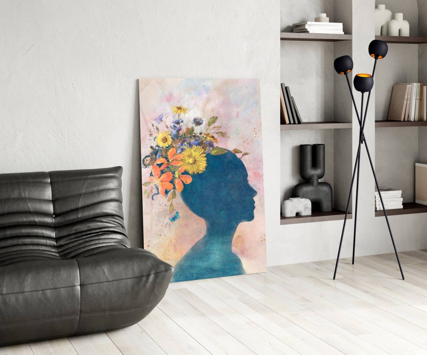 Floral Head Blue Silhouette Glass Wall Art