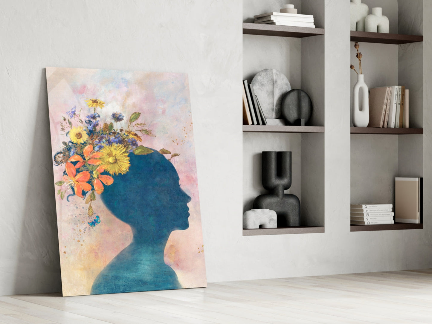 Floral Head Blue Silhouette Glass Wall Art