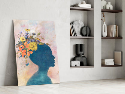Floral Head Blue Silhouette Glass Wall Art