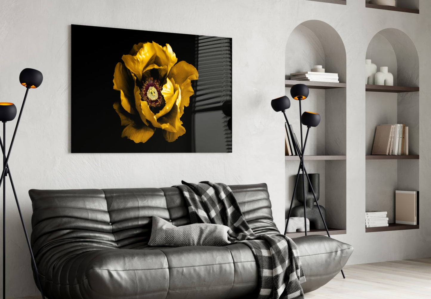 Yellow Peony Crimson Center Flower Glass Wall Art