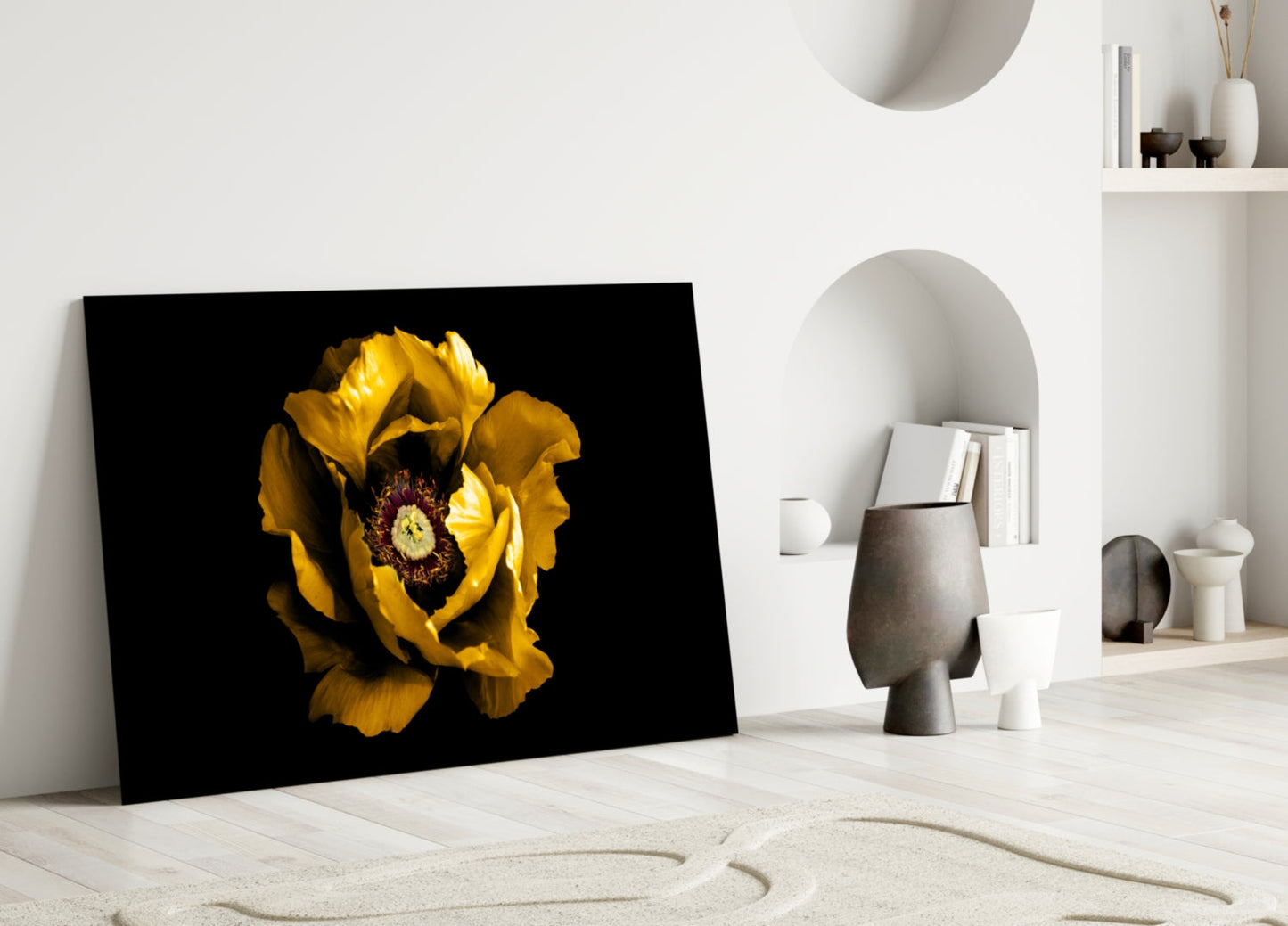 Yellow Peony Crimson Center Flower Glass Wall Art