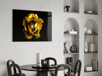 Yellow Peony Crimson Center Flower Glass Wall Art