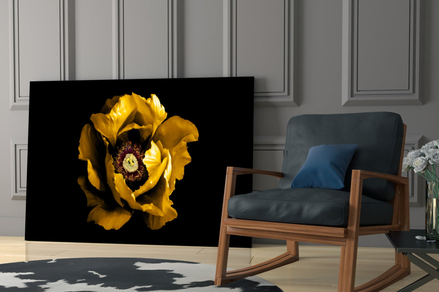 Yellow Peony Crimson Center Flower Glass Wall Art
