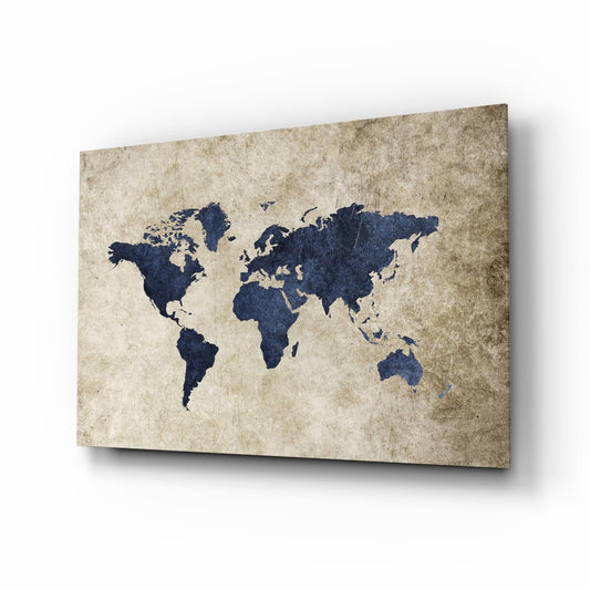 Navy world map silhouette on aged beige parchment glass panel, angled perspective view showing shadow edge.