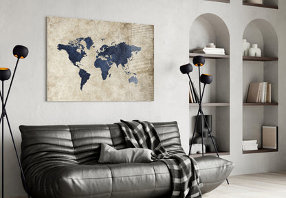 Navy Map on Aged Parchment Glass Wall Art