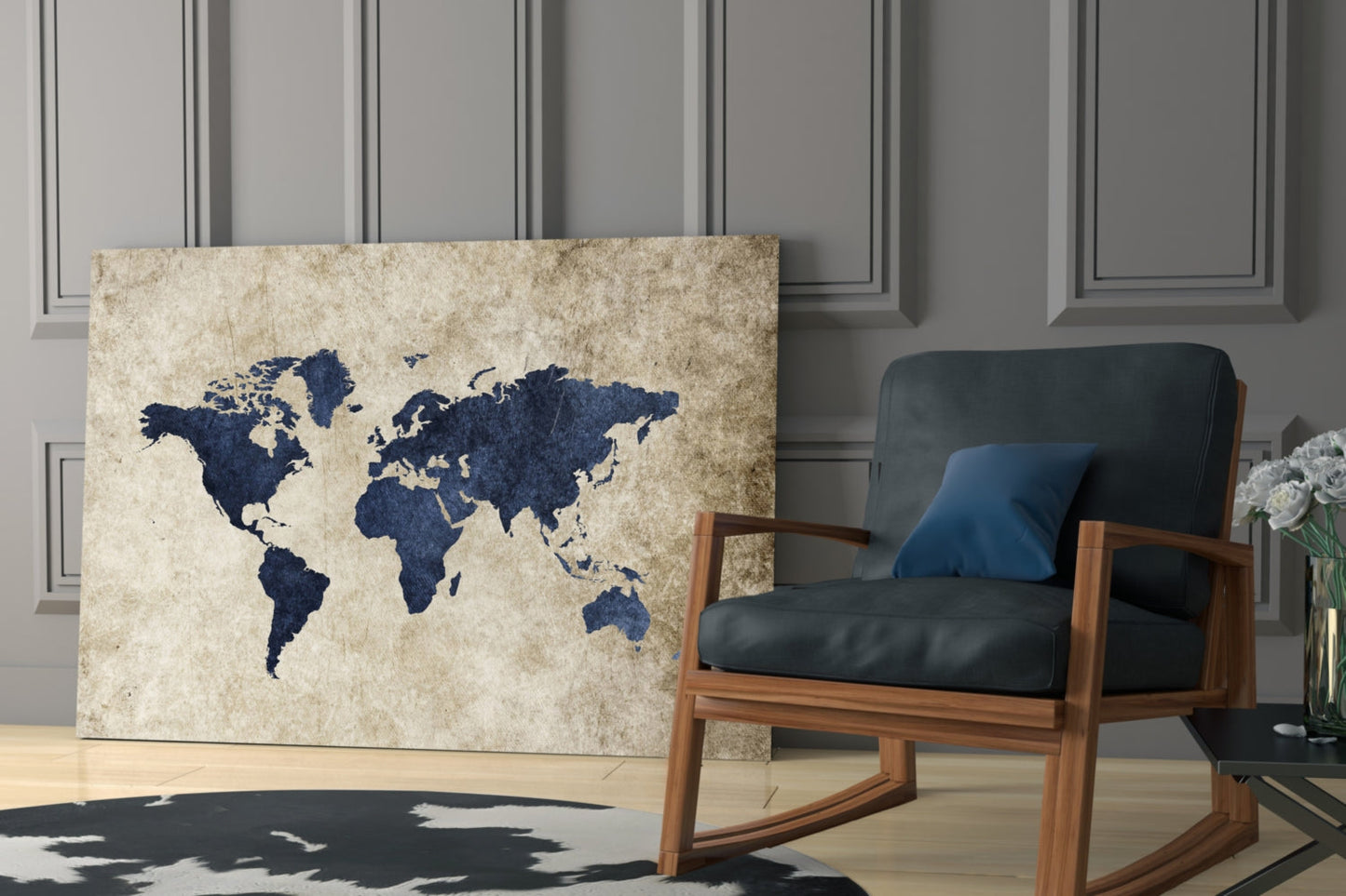 Navy Map on Aged Parchment Glass Wall Art