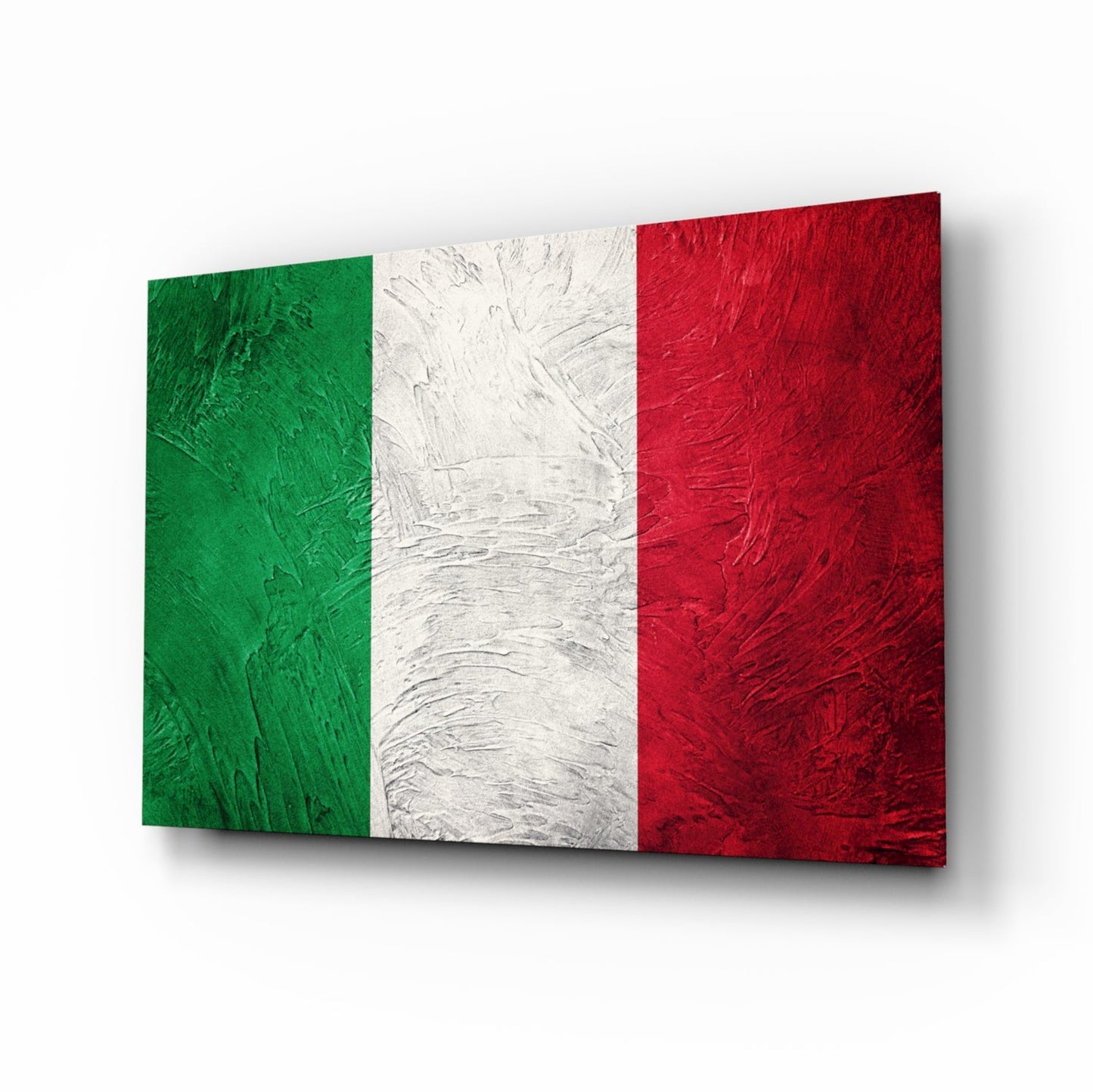 Italian flag glass wall art displayed at an angle, showing green, white, and red vertical stripes with textured surface.