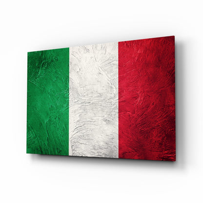 Italian flag glass wall art displayed at an angle, showing green, white, and red vertical stripes with textured surface.