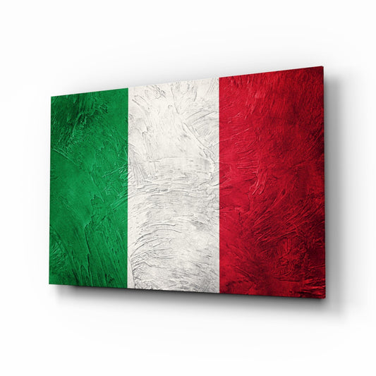 Italian flag glass wall art displayed at an angle, showing green, white, and red vertical stripes with textured surface.