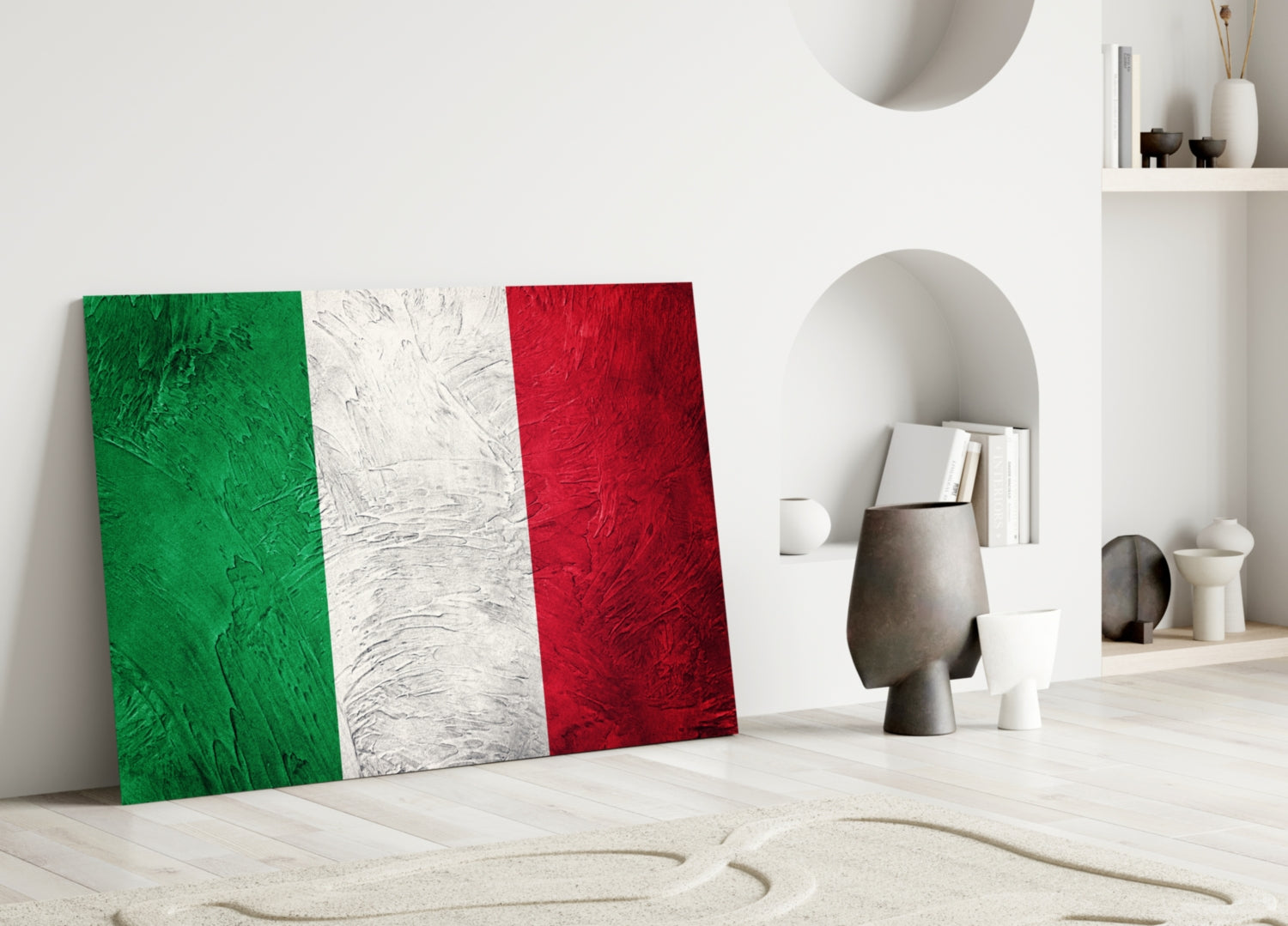 Italian flag glass wall art with green, white, and red vertical stripes displayed in a minimalist interior setting.