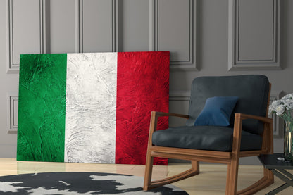 Italian flag glass wall art with green, white, and red vertical stripes displayed in modern living room setting.