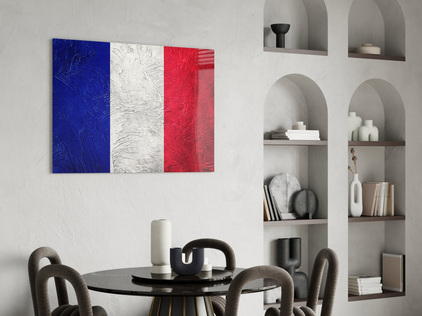 French flag glass wall art with textured blue, white, and red vertical stripes displayed above a dining table.