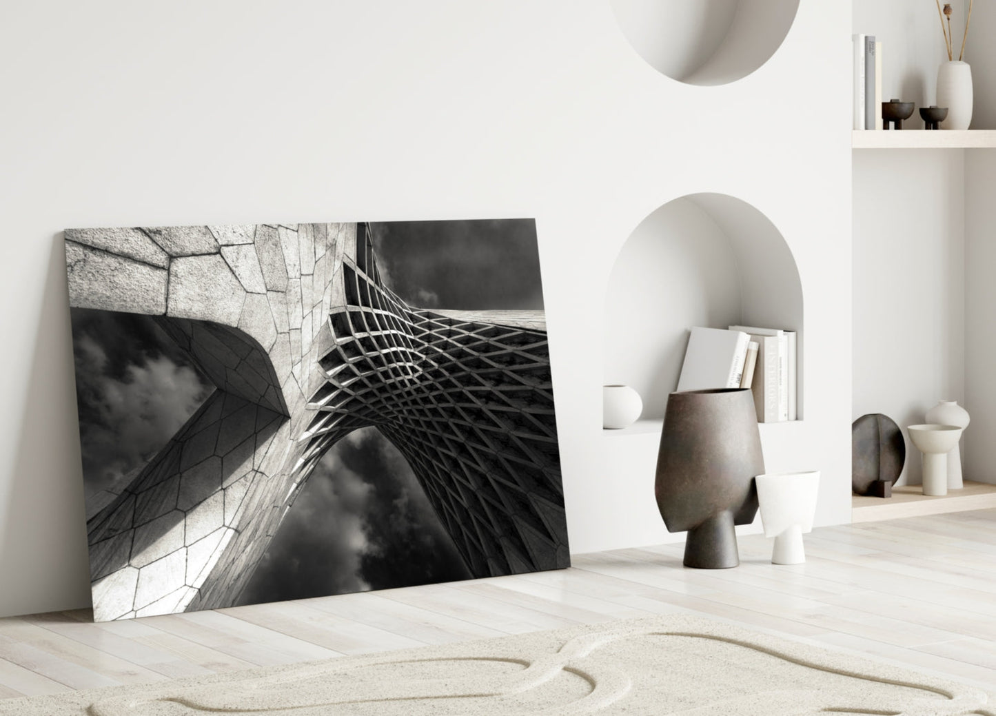 Monumental Lattice Arch Monochrome Glass Wall Art