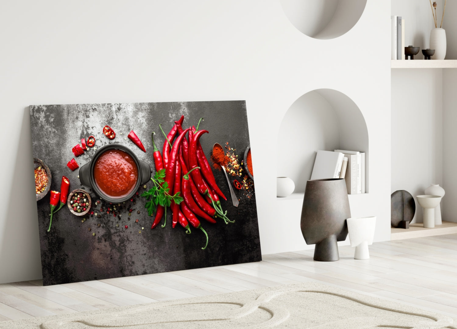Red peppers glass wall art leaning against white wall in minimalist room setting with decorative objects and shelving.