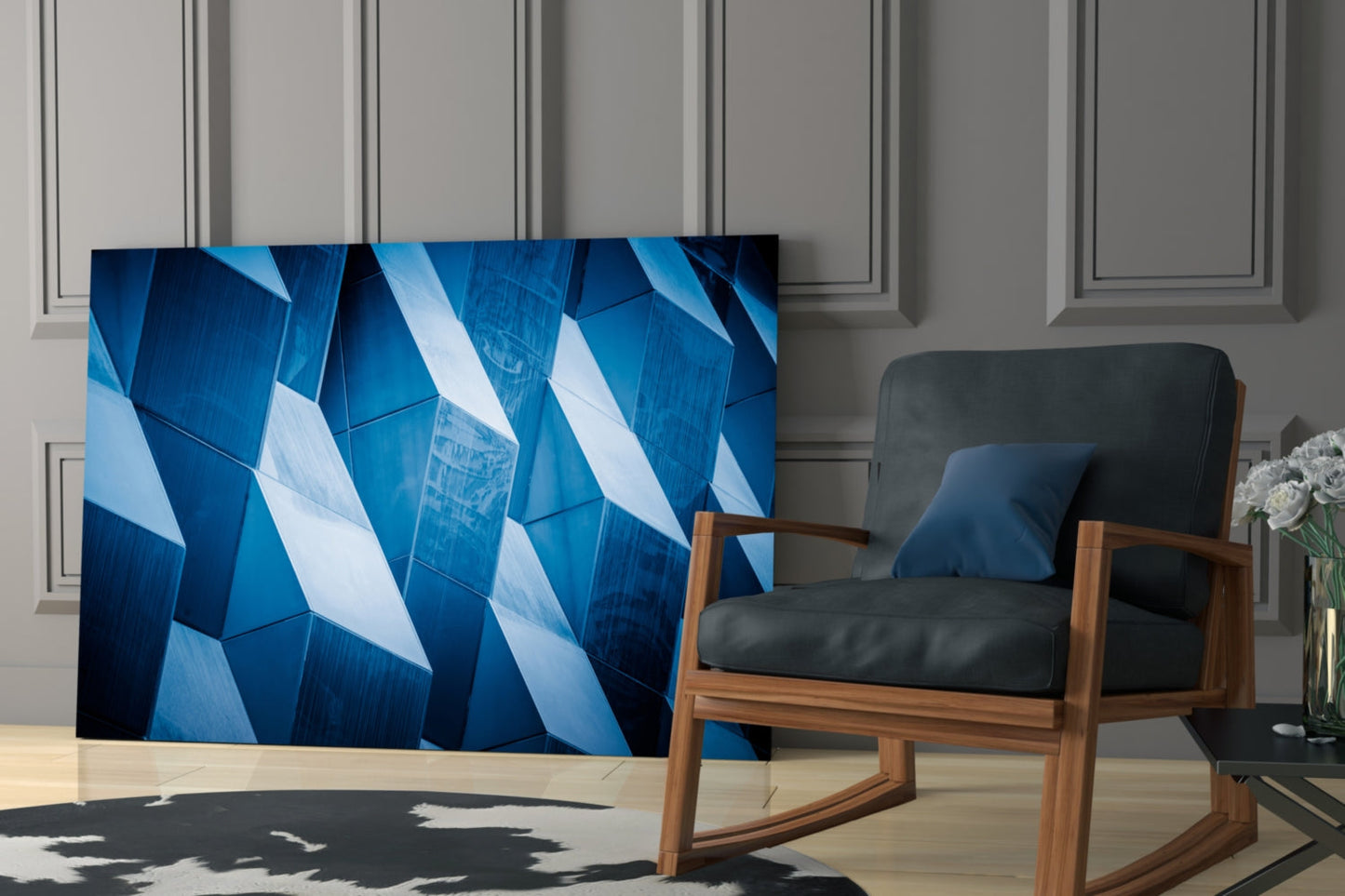 Blue Geometric Facade Panels Glass Wall Art