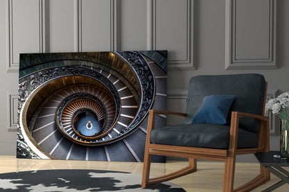 Spiral Glass Wall Art displayed in modern living room beside wooden chair, showing ornate spiral staircase with gold and dark tones.