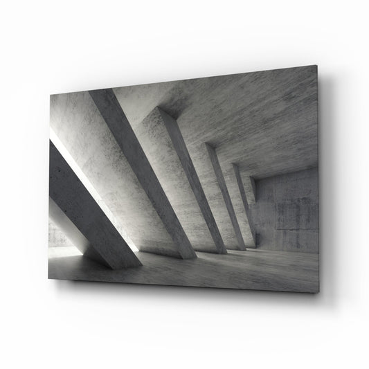 Modern concrete interior space with angled supporting columns and natural light entering from left side, displayed as framed wall art.