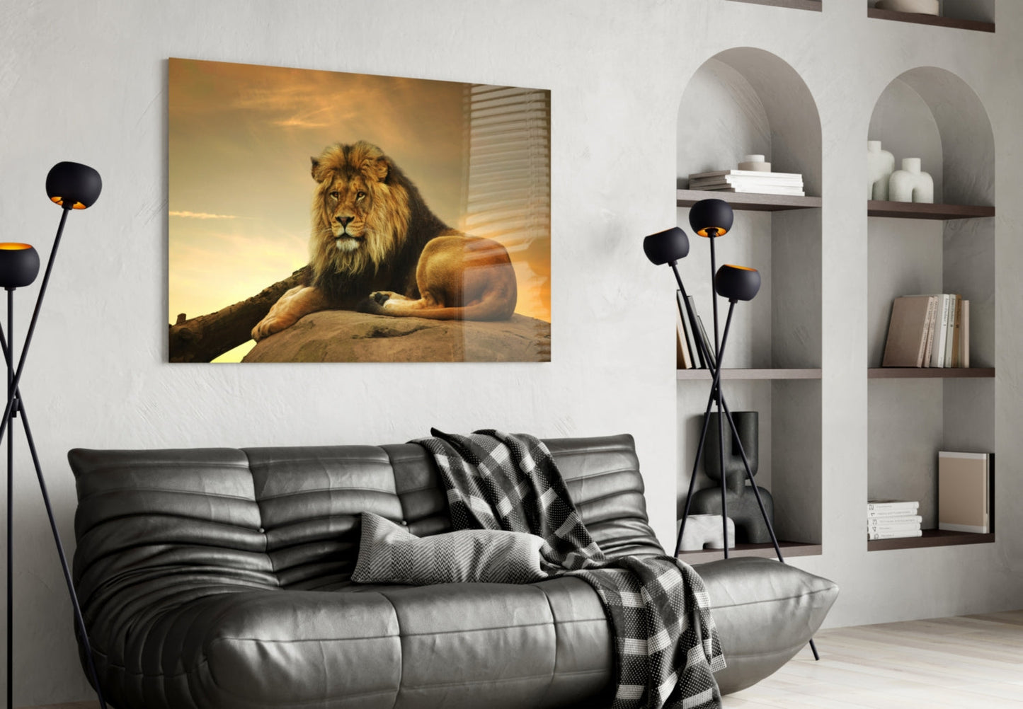 Golden Sunset Resting Lion Glass Wall Art