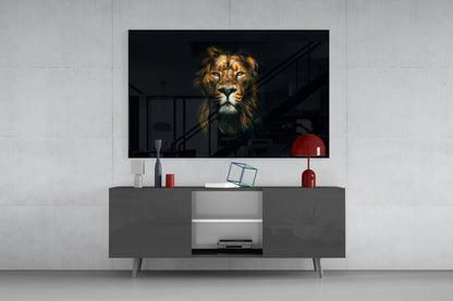 Golden Lion Head Dark Glass Wall Art