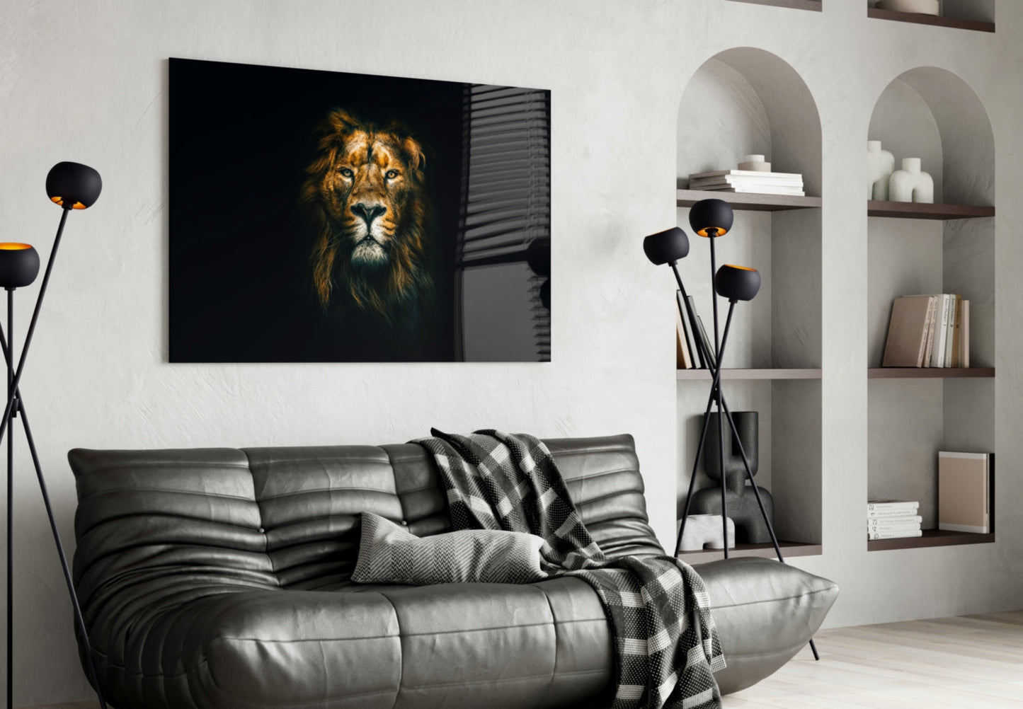 Golden Lion Head Dark Glass Wall Art