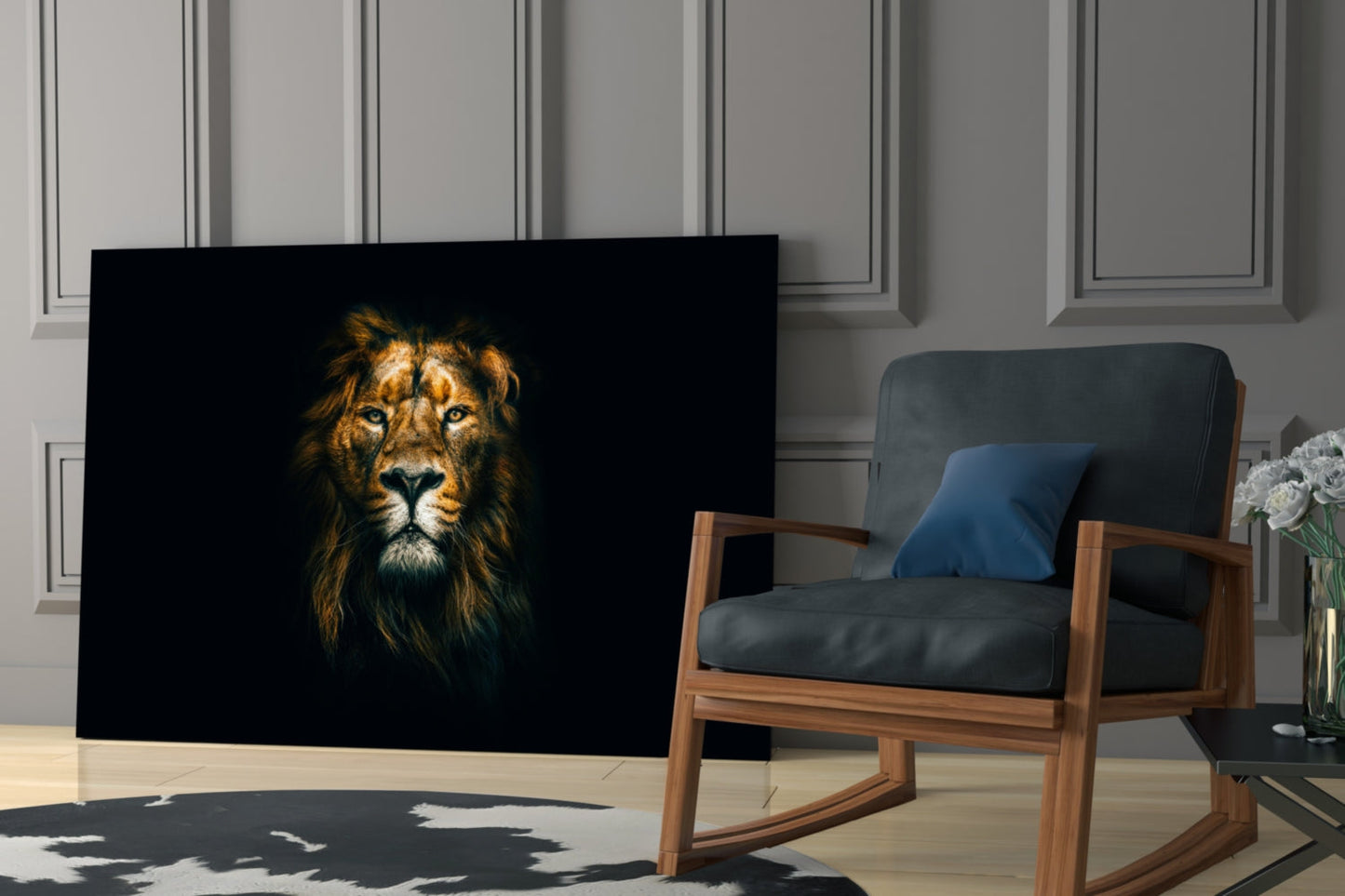 Golden Lion Head Dark Glass Wall Art