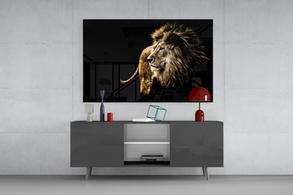 Golden Windswept Lion Profile Glass Wall Art