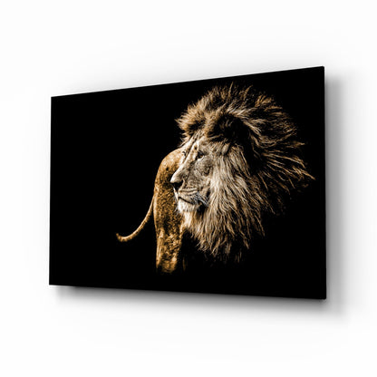 Golden Windswept Lion Profile Glass Wall Art