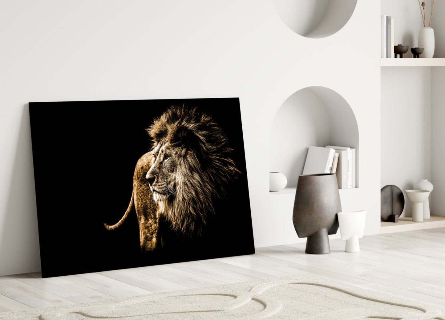 Golden Windswept Lion Profile Glass Wall Art