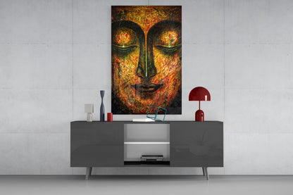 Golden Serene Buddha Face Glass Wall Art