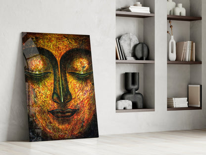 Golden Serene Buddha Face Glass Wall Art