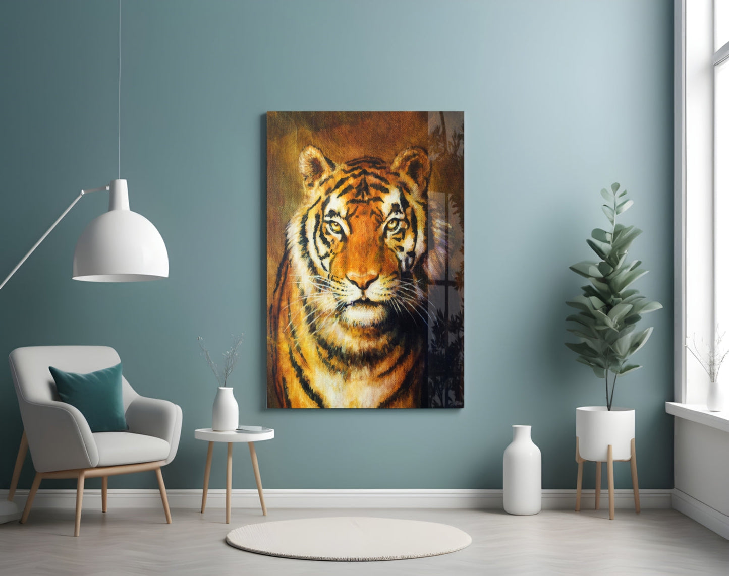 Golden Oil Painted Tiger Glass Wall Art