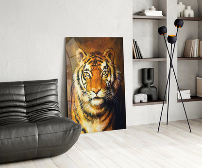 Golden Oil Painted Tiger Glass Wall Art