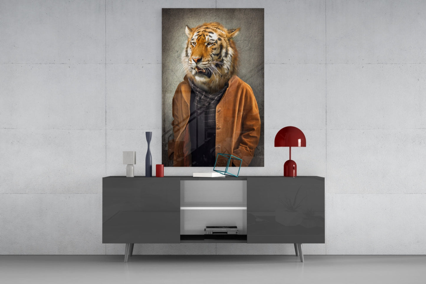 Tiger Head Glass Wall Art displayed above gray media console with red lamp and decorative accessories in modern interior setting.