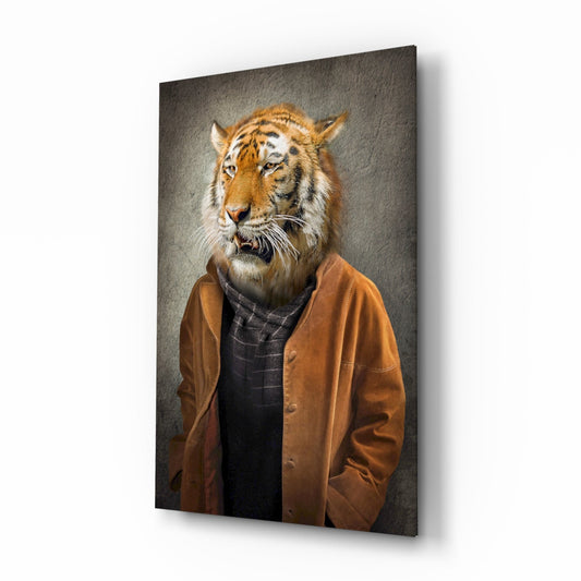 Tiger with human body wearing brown jacket and dark shirt against gray textured background on glass panel.