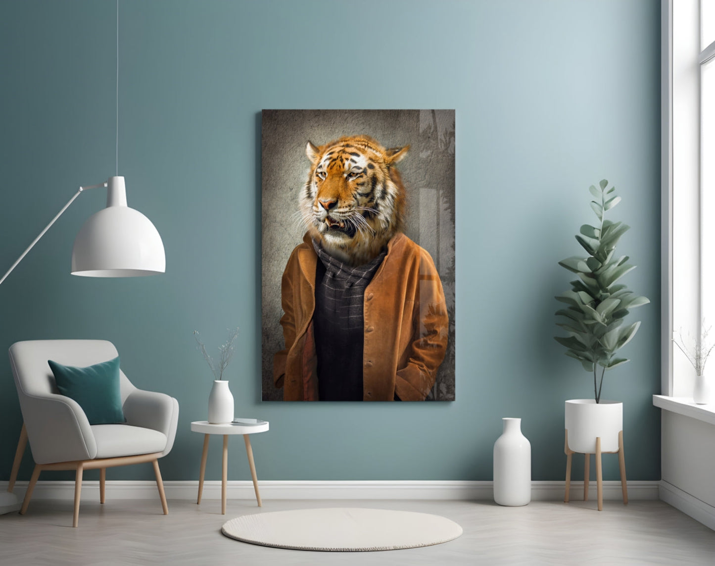 Tiger Head Glass Wall Art displayed on teal wall above white chair in modern living room setting.