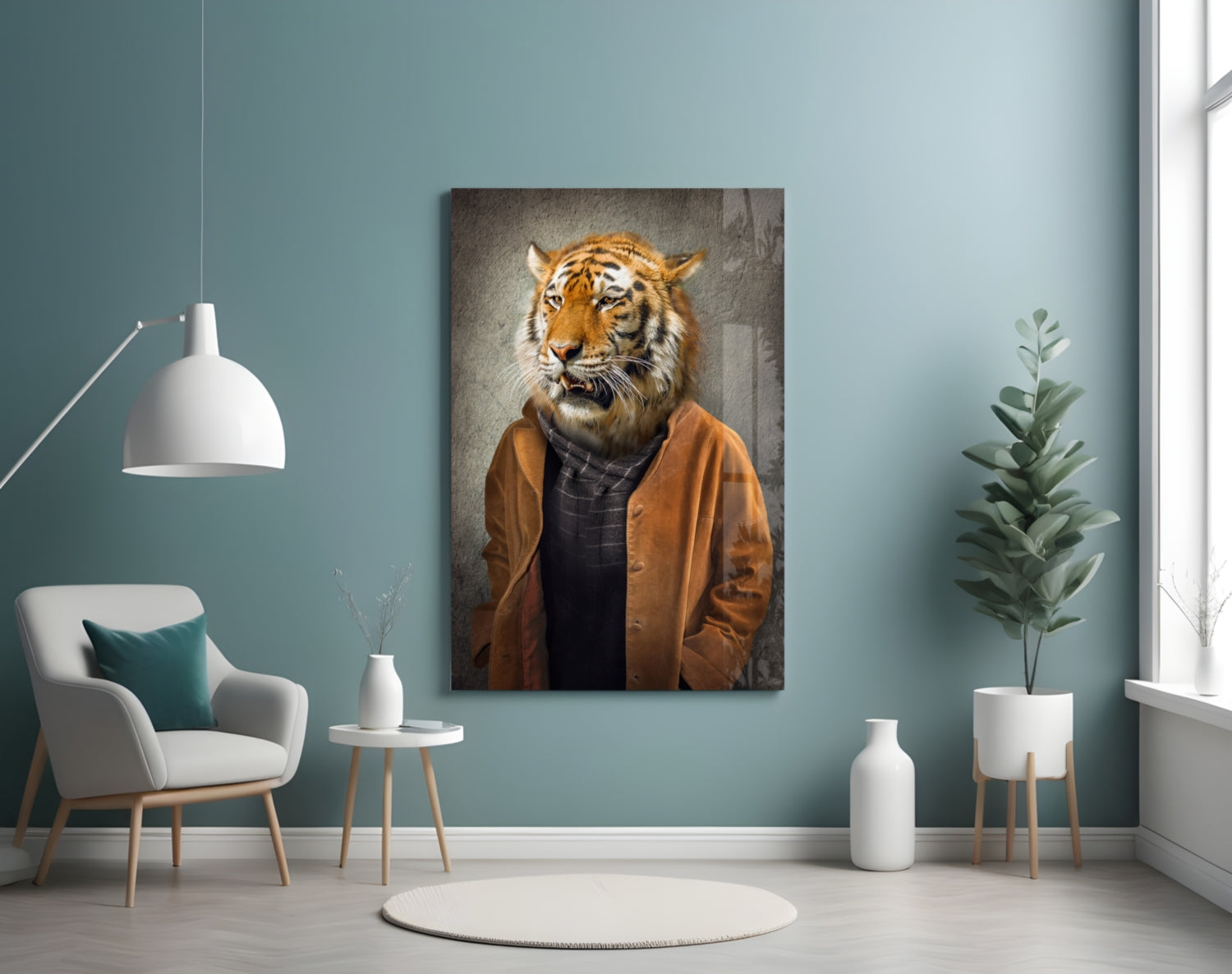 Tiger Head Glass Wall Art displayed on teal wall above white chair in modern living room setting.
