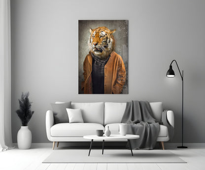 Tiger head glass wall art depicting anthropomorphic tiger wearing brown jacket displayed above white sofa in modern living room.